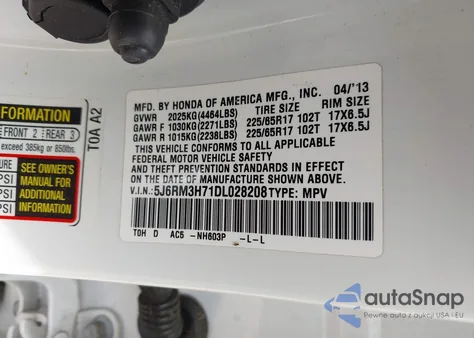 2013 Honda Cr-V Ex-L из США, поврежденный, VIN 5J6RM3H71DL028208